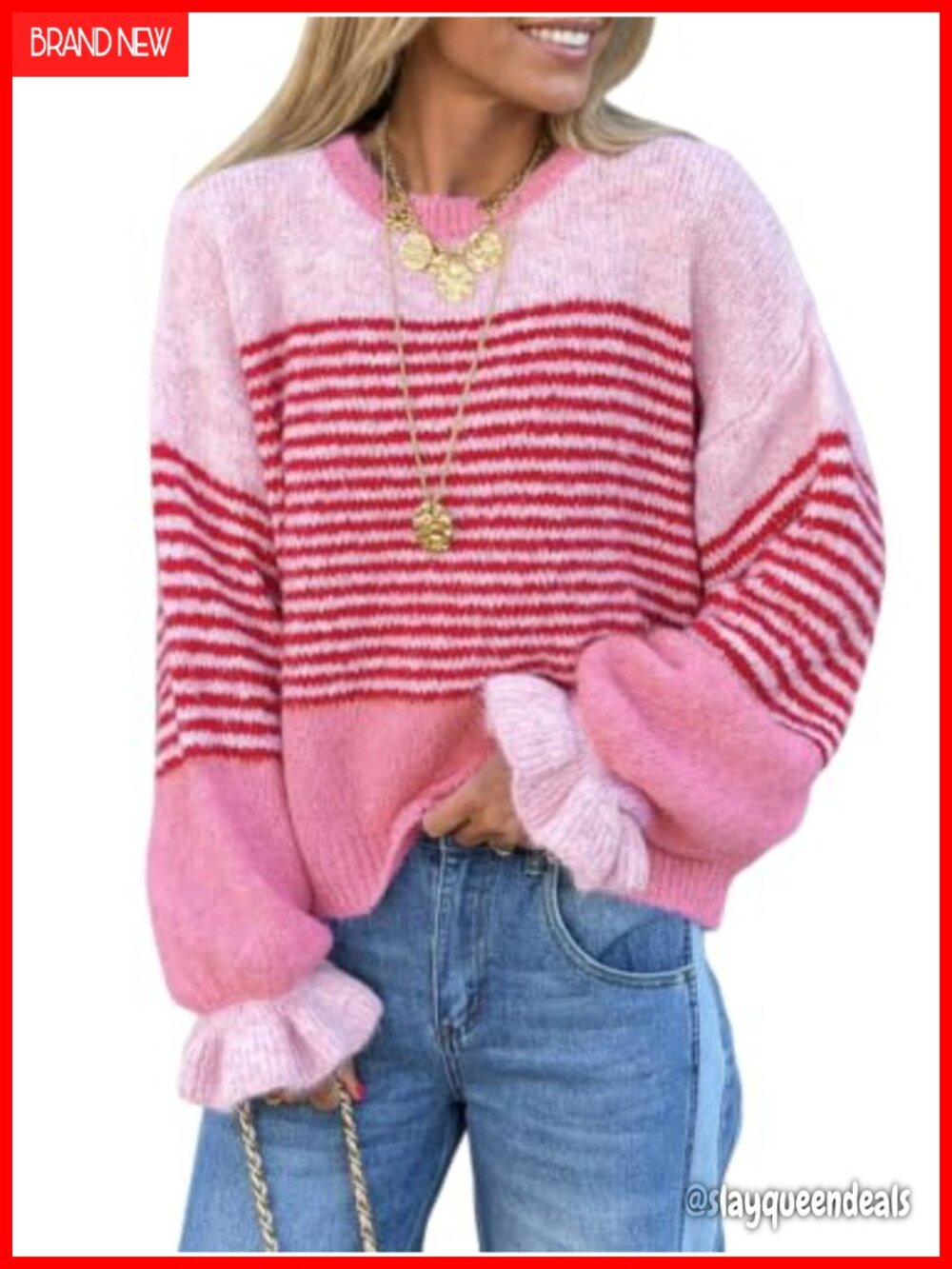 Striped Ruffle Sleeve Pullover Sweater Women Fall 2026 Trendy Slouchy Color